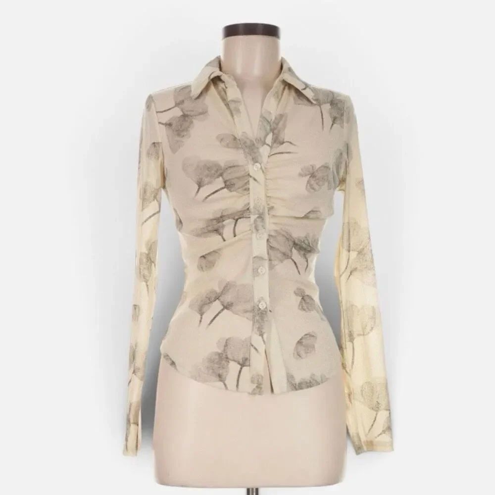 Bacio Y2K Ruched Ivory Off White Floral Secretary Blouse Tie Medium Glitter